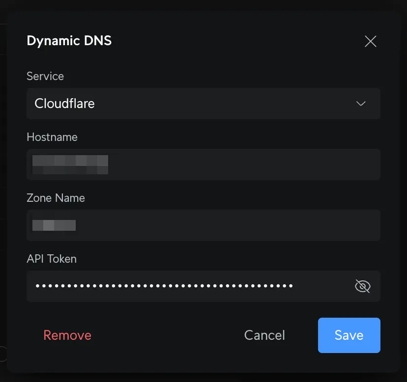 Screenshot panelu Unify z opcją dynamic DNS skonfigurowaną dla cloudflare
